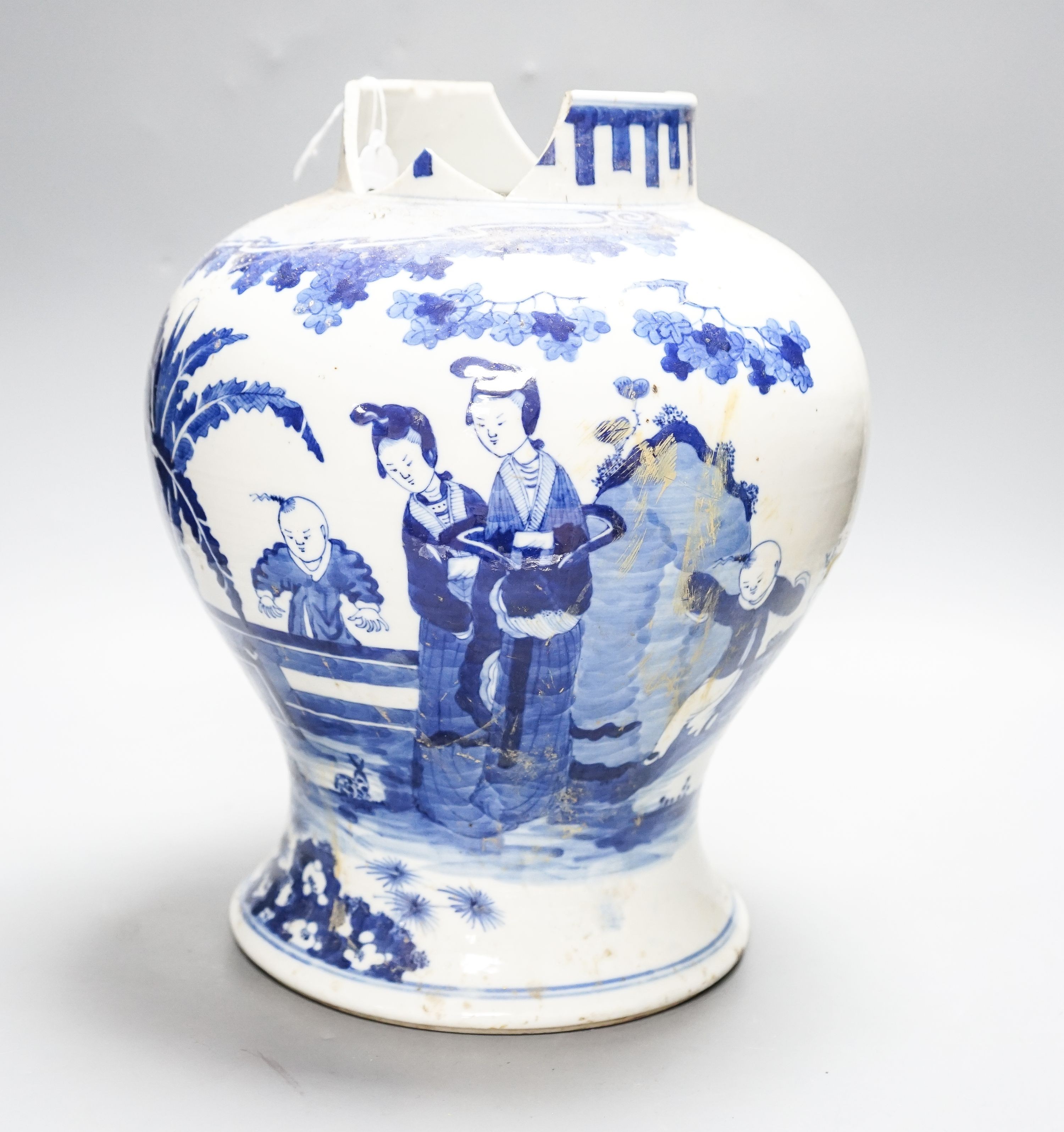 A large 19th century Chinese blue and white vase, damaged 31cm